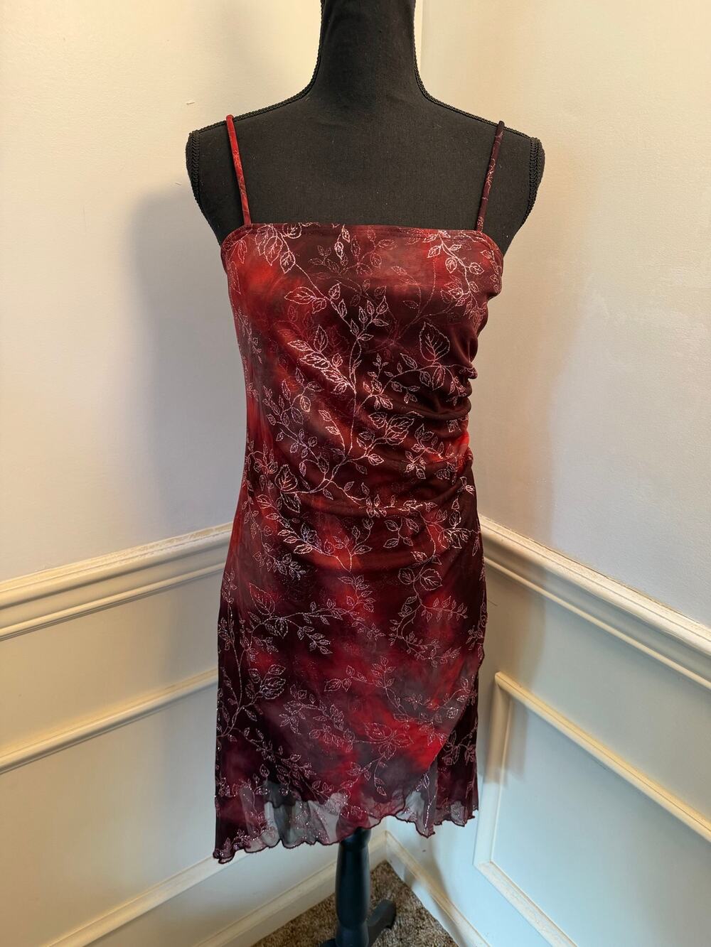 Vintage Y2K Candy Rocket Red Black Glitter Floral Asymmetrical Mesh Dress Whimsy
